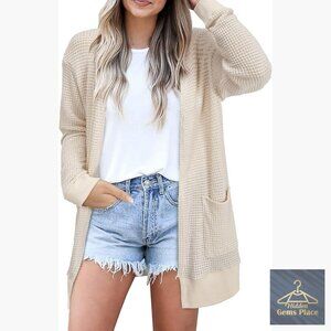 Lightweight Open Front Cardigan Sweater with Pockets, Long Sleeve, Size S-3XL